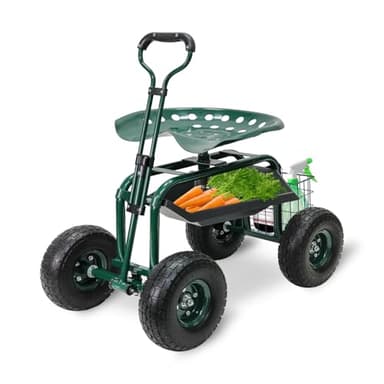 BESTHLS Garden Cart with Seat on Wheels Rolling Gardening Stool with Wheels Heavy Duty for Planting with 360 Degree Swivel Seat Steering Handle & Utility Tool Tray