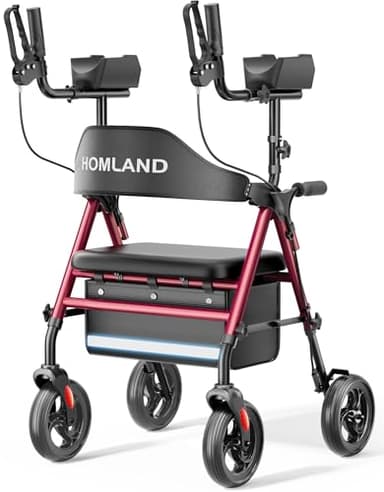 Upright Walkers for Seniors, Stand Up Rollator Walker with Adjustable Padded Armsupport & Seat, Folding Rolling Walker with 8'' Wheel Suitable for All Terrain, Red