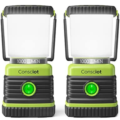 Consciot LED Battery Powered Camping Lantern, 1000LM, 4 Light Modes, IPX4 Waterproof Portable Tent Flashlight for Power Outages, Emergency, Hurricane, Hiking, Light Green, 2-Pack