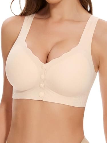 Angelhood Front Closure Seamless Bras for Women, Wire Free Padded Bras Front Closing Snap On Support Sports Nude