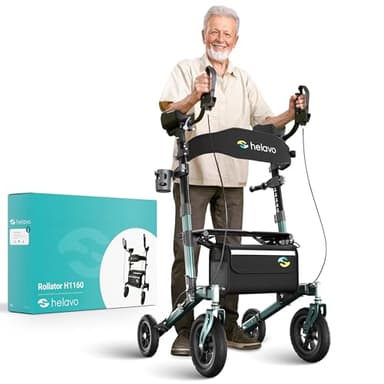 Helavo All Terrain Upright Walker with Flat-Free Solid Rubber Tires - Outdoor Stand Up Walker for Seniors - Tall Standing Rollator with Seat