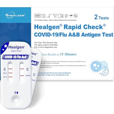Healgen Rapid Check COVID-19, Flu A&B Antigen Test Kit, The First FDA Authorized OTC 3-in-1 Flu & COVID Home Test, Easy to Read Dual Windows, Results in 15 Mins, 2 Test