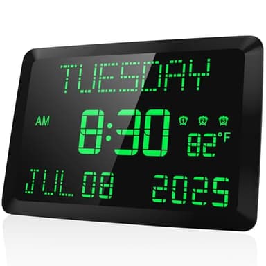 Raynic Day Clock, 11.5" Large Display Calendar Clock with Day and Date, Indoor Temperature, Adjustable Brightness, Snooze,12/24H, DST for Home, Office, Elderly