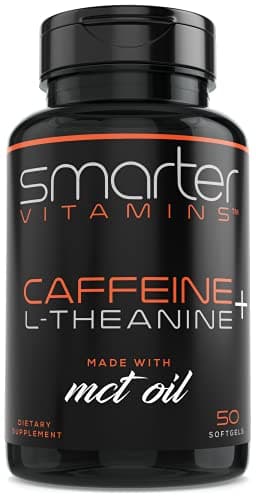 SmarterVitamins 200mg Caffeine Pills - MCT Oil from 100% Coconuts + 100mg L-Theanine, Energy and Focus, Extended Release Capsule, 50 Liquid Softgels
