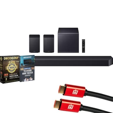Samsung Q Series Soundbar HW-Q990F 11.1.4 ch Subwoofer + Rear Speaker (2025) Bundle with 1 Year CPS Enhanced Protection Pack, 6FT 4K HDMI Cable & Deco Gear Complete Home Theater Beginner's Guidebook