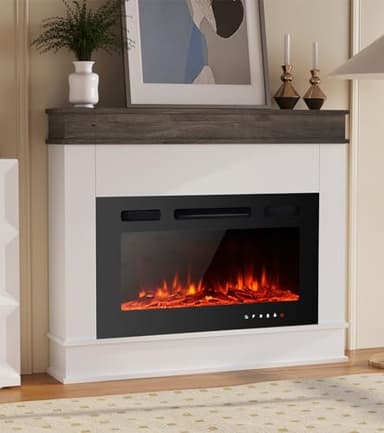Maxhonor Electric Fireplace Inserts Freestanding Heater for The Living Room Floating Fireplace with 12 LED Colors with Logset and Stones,1500W/750W (40inch with Mantel, White)