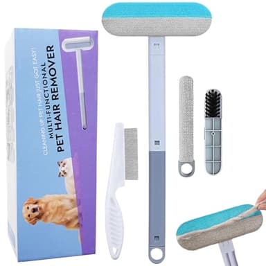 Pet Hair Remover Brush - Reusable Multifunctional Pet Hair Removal Tool for Furniture, 4 in1 Cat and Dog Hair Removal, 17.3Inch Adjustable Long Handle, Gentle on Couch Carpets Bedding (1 Set)