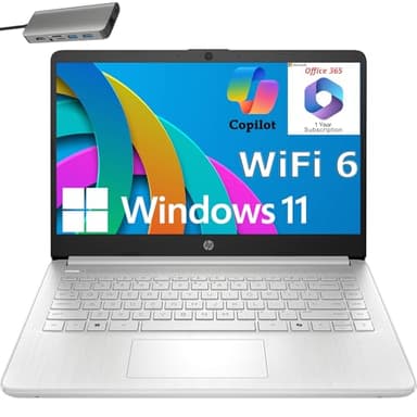 HP 14" Laptop, 1 Year Office 365&AI-Copilot, Intel Processor N150(up to 3.6 GHz), 4G RAM, 256GB Storage (128GB UFS + 128GB Docking Station Set), Long Battery Life, WiFi 6, Windows 11 S, Silver