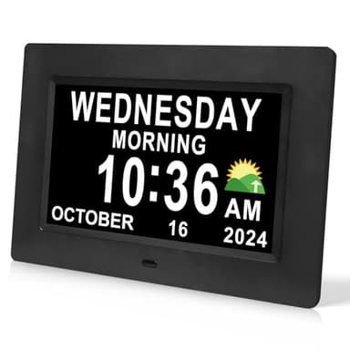 SSINI Digital Calendar Dementia Alarm Clock with Day and Date for Elderly - 15 Alarms 5 Colors Display Large Display Alzheimers Clock Large Digital Clock for Seniors (7in Black)