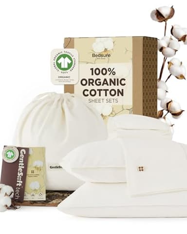 Bedsure 100% GOTS Organic Cotton Sheets, Fair Trade Certified King Bedding Set, Eco-Friendly, Soft, 17 inches Deep Pocket King Sheet, Sateen Weave Cotton Luxurious Hotel Bed Set, Ivory