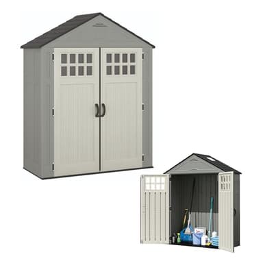 Suncast Everett 6x3 ft Vertical Storage Shed - Resin Outdoor Garden Shed with Floor, Windows, Skylight & Lockable Double Doors. Slim Yard Storage for Utility Tools & Backyard Equipment