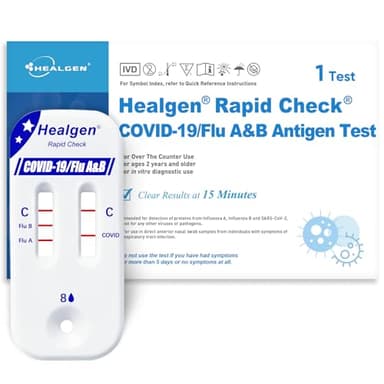 Healgen Rapid Check COVID-19, Flu A&B Antigen Test Kit, The First FDA Authorized OTC 3-in-1 Flu & COVID Home Test, Easy to Read Dual Windows, Results in 15 Mins, 18-Month Shelf Life, 1 Test