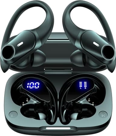 Active Noise Cancelling Wireless Earbuds Bluetooth Headphones 80H Playtime Ear Buds with Power Display Case Hi-Res Sound & Clear Calls Over Ear Hooks Earphones for Sports Running Gym Workout Black