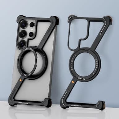 OGRANEE Z Metal Case for Samsung Galaxy S25 Ultra Frameless Aluminum Alloy Bumper with Magnetic Kickstand, Minimalist Shockproof Slim Hard Cool Cover with 360°Rotating Ring Holder Stand for Men, Black