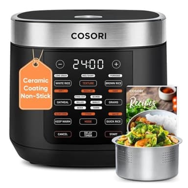 COSORI Rice Cooker 10 Cup, 24h Keep Warm, Non-stick Ceramic Inner Pot, 18 Functions Fuzzy Logic Rice Maker with Stainless Steel Steamer Basket, Sauté, Slow Cooker, Black