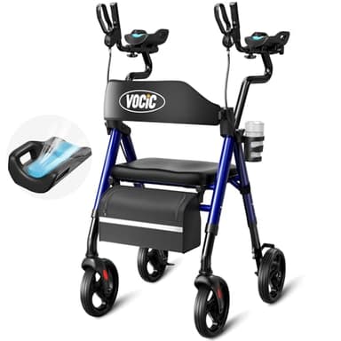 VOCIC Walkers for Seniors, Upright Walker with Adjustable Armrests, Z22 GelCool Stand Up Walker with Ergo Seat & Backrest, 8" All Terrain Rollator with 300lb,Cup& Cane Holder