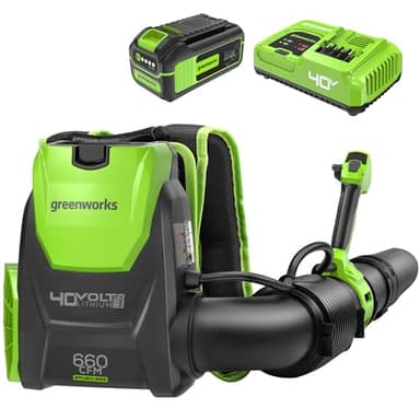 Greenworks 40V (660 CFM / 165 MPH) Brushless Backpack Leaf Blower, Commercial-Grade Power for Yards, Driveways, Patios, Includes 5.0Ah Battery & 5A Rapid Charger