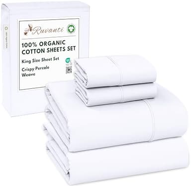 RUVANTI 100% Organic Cotton Sheets King Size, Percale Weave, GOTS Certified, 4-Piece Set, Deep Pocket 15", Crisp & Breathable, Soft Durable Bedding, Sábanas Algodón Orgánico – Bright White