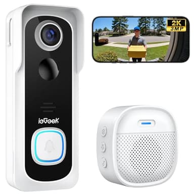 ieGeek Doorbell Camera Wireless No Subscription, 2K 3MP HD View, 2-Way Talk, PIR Motion Detection, Wireless Video Doorbell with Chime, Only Supports 2.4GHz WiFi, Local & Cloud Storage, White