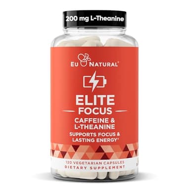 Eu Natural Elite Caffeine Pills with L-Theanine - 100mg Caffeine + 200mg L-Theanine - Jitter-Free Focused Energy & Clean Nootropic Stack - 120 Soft Capsules