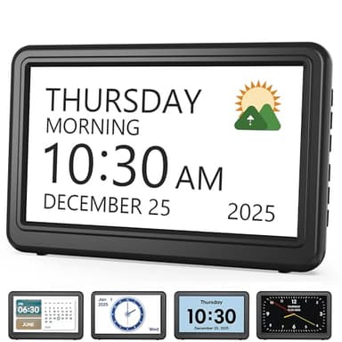Clock with Day and Date for Elderly, 7" Large Display Digital Calendar Day Clock with 20 Custom Alarms and Medicine Reminders, Dimmable Dementia Alzheimers Clocks for Seniors, Black (Ac Powered)