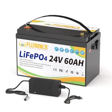 FLLYROWER 24V Lithium Battery 60AH With BMS and 16500 Deep Cycles 24V 60AH Lifepo4 Battery Grade A Cells for Marine Trolling Motor RV camping Solar Golf Cart Off-Grid