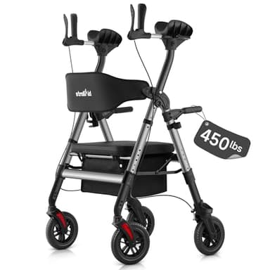 StrollAid Upright Walkers for Seniors, Stand Up Rollator Walker with Padded Seat and Backrest, Heavy Duty Forearm Rollator with Support Handrail, Holds up to 450 pounds, Compact Folding, Grey