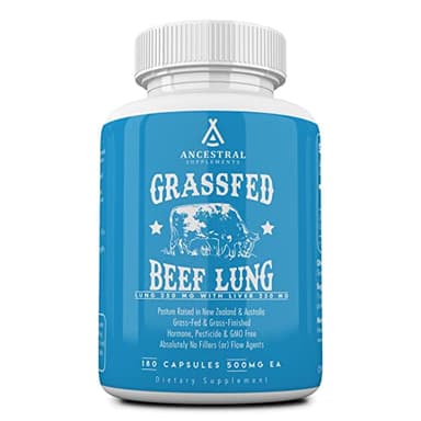 Ancestral Supplements Grass Fed Beef Lung Supplement with Liver, 500mg, Lung and Liver Supplement Supports Lung, Respiratory, Vascular, and Circulatory Health, Non-GMO, 180 Capsules