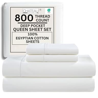 100% Egyptian Cotton Sheets Queen Size Bed Set, 15" Deep Pocket Queen Sheet set, 800 Thread Count Sateen Cotton Bed Sheet, Cool Soft Breathable No Pill Elasticated Luxury White Bedding For All Seasons