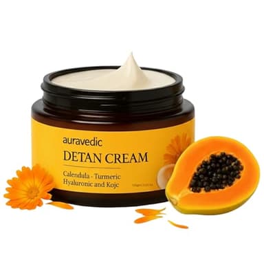 Auravedic De Tan Face Cream with Turmeric, Papaya & Calendula | Hydrating Daily Face Moisturizer for Dull & Sun-Exposed Skin | Lightweight Cream for All Skin Types | 3.53 Oz (100g)