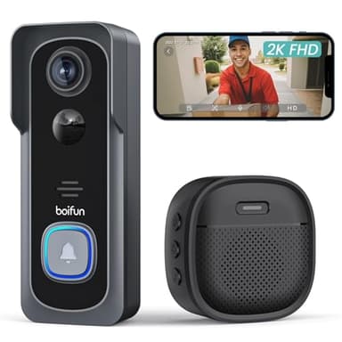 BOIFUN Video Doorbell Camera Wireless – No Subscription Required, 2K HD, 166° Wide View, HDR Night Vision, Motion Alerts, Two‑Way Audio & Battery Video Doorbell with Chime, 2.4 GHz Wi‑Fi Only