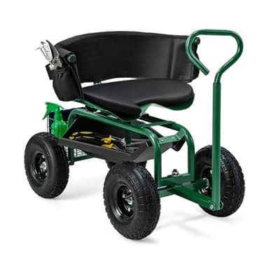 Goplus Garden Seat with Wheels, Rolling Gardening Stool with Adjustable 360° Swivel Seat, Tool Tray & Storage Basket, Extendable Handle, Outdoor Gardening Scooter, Garden Cart Workseat for Seniors