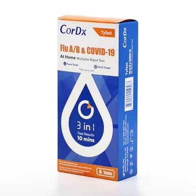CorDx Tyfast at Home Flu A/B and COVID 19 Rapid Test Kit, Easy, Accurate, Fast Results in 10 Minutes, 4 Tests.