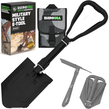 RHINO USA Folding Survival Shovel w/Pick - Heavy Duty Carbon Steel Military Style Entrenching Tool for Off Road, Camping, Gardening, Beach, Digging Dirt, Sand, Mud & Snow.