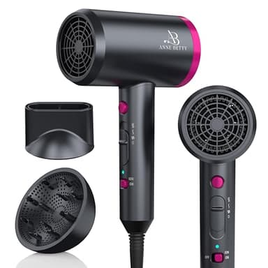ANNE BETTY Hair Dryer with Diffuser for Curly Hair, 1800W Ionic Blow Dryer for Women & Men, Fast-Drying, Lightweight, Low Noise, Hair Care Styling Tool for Home, Travel