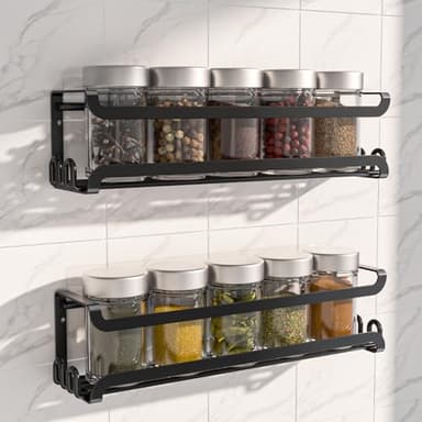 LUCYCAZ 2 Pack Wall Mounted Spice Rack with 8 Hooks, Spice Organizer Shelf for Stove Cabinet Pantry Door,Screw or Adhesive Spice Shelf Hanging Wall Spice Rack in Kitchen and RV (Black, 2 PACK)