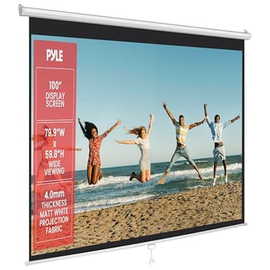 Pyle Manual Pull Down Projector Screen - Universal 100-inch Roll-Down Retractable Manual Screen w/ Auto-Locking, Adjustable Screen Height, Black Masking Border -Home PRJSM1006
