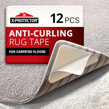 X-Protector Rug Tape for Carpet - 12 Pcs Set - White Anti-Slip & Anti-Curling Carpet Tape for Rugs - Premium Rug Pad Gripper - Carpet Corner Grippers to Keep Your Rugs & Make Corners Flat
