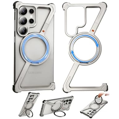 NIFBANG Z Shape for Samsung Galaxy S25 Ultra Phone Case with Magsafe,Frameless Metal Magnetic Ring Stand,360°Rotating Kickstand Protective Case,Slim Shockproof Cover for S25 Ultra,Natural Titanium