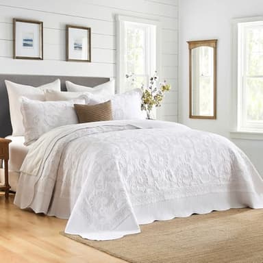 Finlonte 100% Cotton Oversized Bedspread Quilt Coverlet Set, 120"x120" Extra Large King Bedspreads with Pillow Shams, Lightweight Embossed Vintage Vine Quilted Bed Spread, White/Beige
