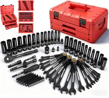 Premium 132-Piece Mechanics Tool Set, SAE/Metric 1/4" & 3/8" Drive Socket Set, Ratcheting Wrenches, Extensions & Adapters, Quick-Release Ratchet, Professional Auto Repair Tool Kit with Storage Case