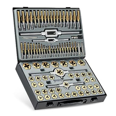 Orion Motor Tech 86pc Tap and Die Set in SAE and Metric, Titanium Coated Steel Tap Set and Die Tool Set for Homeowners Mechanics and Craftsmen Metric and Standard Internal and External Threading