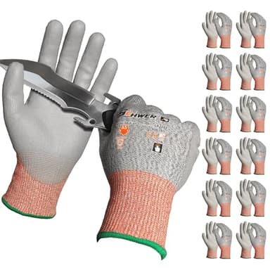 Schwer 12 Pairs ANSI A5 Cut Resistant Work Gloves, Cut Proof Gloves with PU Coating, Used for Metal Fabrication, WoodWorking, Construction, Non Slip, Durable, Non PFAS, L, CR3088