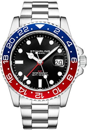 Stuhrling Original Men's Watch Stainless Steel Triple Row Bracelet Dual Time Date with Screw Down Crown
