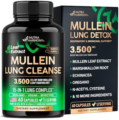 Mullein Leaf Extract for Lung Detox - Marshmallow Root | Echinacea | Oregano | Quercetin | NAC - 15-in-1 Lung Support & Cleanse for Smokers Supplement - Made in USA - As Drops, Tincture - 60 Capsules