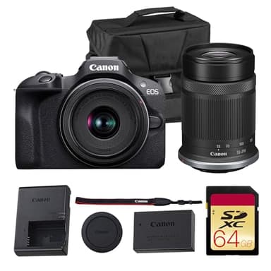 Canon EOS R100 Mirrorless Camera Kit – APS-C RF Camera with 18-45mm & 55-210mm Lenses, 24MP Sensor, 4K Video & Dual Pixel AF (6052C022) + Shoulder Bag + 64GB Memory Card