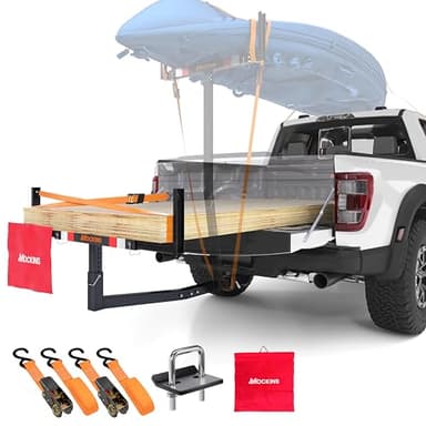 Mockins 750 Lbs Cap Truck Bed Extender Hitch Mount | 2-in-1 All-Weather Steel Canoe Rack & Kayak Trailer w/Stabilizer & Straps | Versatile Bed Extenders for Trucks & SUVs for Ladders, Pipes & Lumber