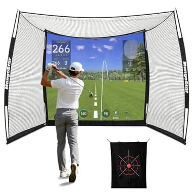 MangoStar Golf Net, 11x8ft Golf Simulators Hitting Net with High-Density Impact Screen and Target Cloth, Heavy Duty Practice Cage for Swing Driving, Home Backyard Garage Indoor Outdoor Use