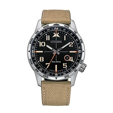 Citizen Men's Eco-Drive Weekender Avion Field Watch in Stainless Steel with Khaki Nylon Strap, Black Dial (Model: BM7550-01E)