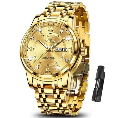 OLEVS Watch for Men Luxury Gold Mens Watch with Day and Date Waterproof Gold Stainless Steel Men's Watch Diamond Roman Numerals Dress Men's Wrist Watches Analog Quartz Watch Men,Reloj de Hombre